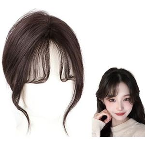 Clip In Bangs 100% Echt Menselijk Haar Toppers for Vrouwen 360° 3D Cover Top Haarstuk Gebogen Bangs Haarextensies Met Tempels 6 * 8cm Zijden Basis Toupetje for Dagelijks Gebruik(Brown)
