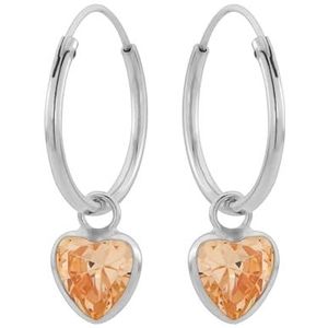 Zilveren oorringen met hanger, hartvormige cubic zirkonia steen kleur champagne