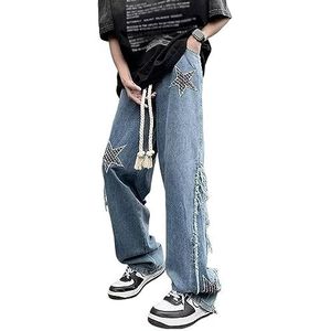 Sawmew Y2K heren hiphop streetwear gewassen rechte pijp baggy denim baggy jeans, harajuku mode skateboard wijde pijpen broek, bedrukte hoge taille cargobroek (Color : Dark blue, Size : XL)