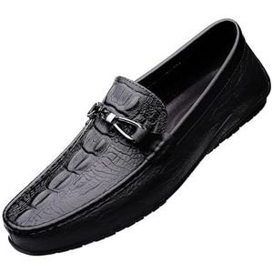 Loafers for heren Effen kleur leer met krokodillenprint Rij-instappers Antislip platte hak Comfortabele wandelinstappers (Color : Black, Size : 42 EU)