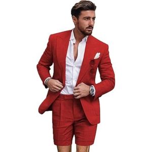 Leader of The Beauty Linnen pakken voor mannen, 2 stuks slim fit smoking blazer korte broek voor zomer bruiloft vrijetijdskleding, Rood, 60