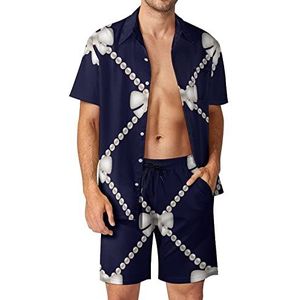 Witte strikken en parels mannen Hawaiiaanse bijpassende set 2-delige outfits button down shirts en shorts voor strandvakantie