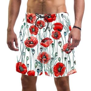 Heren Board Shorts, Elegante Rode Klaprozen Sneldrogende Badmode Strand Vakantie Party Bermuda Zwemmen Grote Broek, Elegante Rode Klaprozen, L