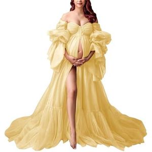 KIYNE Zwangerschapsjurk met lange mouwen voor fotoshoot, tule bruidsjurk, zwangerschapsjurk voor babyborrel, Geel, 56 NL/Plus