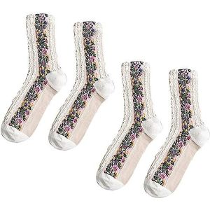 Vrouwen Retro Bloem Kabel Gebreide Sokken, Comfortabele Enkel Korte Laars Sokken Vintage Laars Sokken(White)