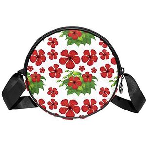 Ronde Crossbody Tas Rode Hibiscus Bloemen Groene Bladeren Messenger Bag Purse Voor Vrouwen, Meerkleurig, 6.7x6.7x2.3 in, Sling Rugzakken