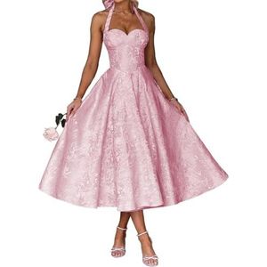 AHERKLL Spaghetti Bandjes Bruidsmeisjes Jurken Jacquard Satijn Halter Formele Avond Feest Maxi Jurk HAH046, Blozen, 32