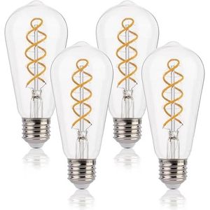 FLSNT Edison Vintage Gloeilamp E27, ST58 Retro LED Spiraalgloeilampen, 4W (vervangt 40W), 2200K Warmwit, Niet Dimbaar, CRI90, Helder Glas, Set van 4