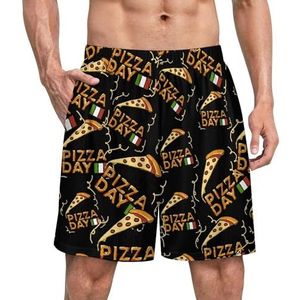 Happy Pizza Day grappige pyjama shorts voor mannen pyjamabroek heren nachtkleding met zakken zacht