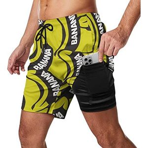 Banana Zwembroek voor heren, sneldrogend, 2-in-1 strandsportshorts met compressieliner en zak