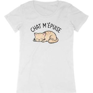 Cat m'épuise T-shirt voor dames, bedrukt in Frankrijk, 100% biologisch katoen, cadeau voor verjaardagsdieren, origineel grappig, Wit, XS