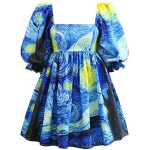 YININGDIANZI Van Gogh Digitaal bedrukt vierkante hals lantaarn korte mouwen dames jurk open rug gezwollen Franse prinses jurk, Blauw, XL