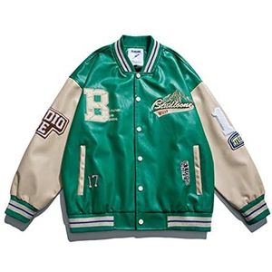 Heren varsity pu lederen honkbaljack heren dames vintage geborduurde monogram patchwork college jas hiphop bomber unisex-Green,M