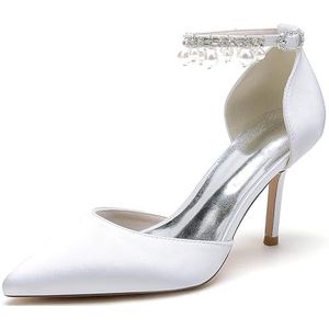 GHSIRUEU Dames Witte Satijn Hakken Stiletto Pompen Gesloten Puntige Teen Parel Enkelband Bruiloft Jurk Schoenen,Wit,35 EU