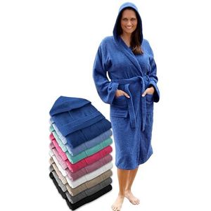 LEBENGOOD Damesbadjas met capuchon 100% katoen - Unisex badjas van badstof 450 g/m², met ceintuur en zakken, ideaal na douche, bad of zwembad (L, Koningsblauw)