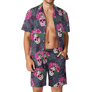 Rose Flower Day of the Dead Sugar Skull Hawaiiaanse bijpassende set voor heren, 2-delige outfits, button-down shirts en shorts voor strandvakantie