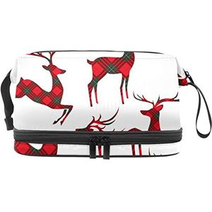 Grote capaciteit reizen cosmetische tas,Kerst rode geruite elandherten, make-up tas, waterdichte make-up tas organisator, Meerkleurig, 27x15x14 cm/10.6x5.9x5.5 in