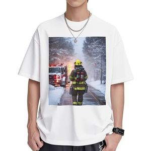 Brandweerman Brandweerman Vlam Print Dames Katoenen T-shirts Casual Korte Mouw Tuniek Tops Ronde hals Zomer Basic Loose Fit Tee, Wit, S