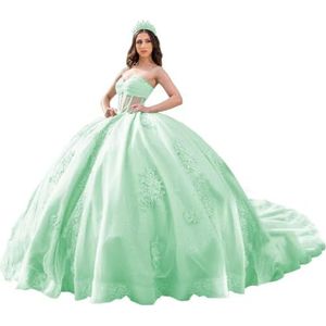 Fuomomo Quinceanera Prinsessenjurk met ruches en staart Quinceanera jurk van tule met parels schattige jurk 16 MT052, Munt, 36