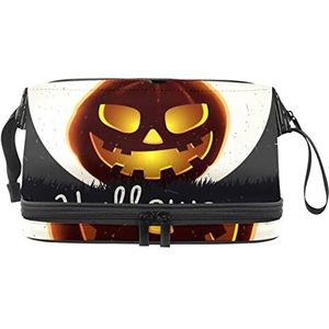 Grote capaciteit reizen cosmetische tas,Halloween pompoen achtergrond (4), make-up tas,Waterdichte make-up tas organisator, Meerkleurig, 27x15x14 cm/10.6x5.9x5.5 in