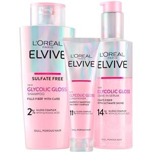L'Oréal Paris Elvive Glycolic Gloss Conditioner 150ml + Shampoo 200ml + Leave-In Serum 150ml Set Voor Dof en Poreus Haar Intense en Langdurige Glans - 3 Flessen