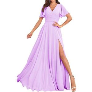 Chiffon bruidsmeisjesjurken voor dames, met split, lange baljurken, cocktailjurken, grote maten, Lila, 32