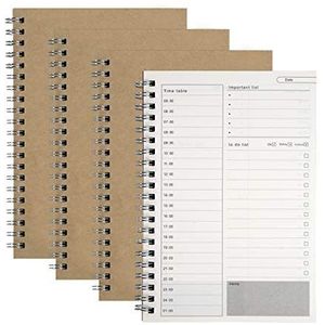 Tijdmanagement spiraalblok, gids, takenlijst, dagplanner, notitieblok, bruin, kraft omslag, dagplanning, notitieboek, 100 pagina's/50 vellen, 19 x 13 cm (4 stuks)