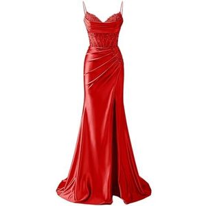YIANN Satijnen baljurk met spaghettibandjes voor dames, met split, kant, applicatie, zeemeermin, lange baljurk, formele jurk, Rood, 32