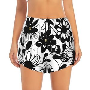 Yyoretp Zwart-witte bloemenprint dames atletische zweet korte zomer dubbellaags casual workout shorts met voering, Zwart, S