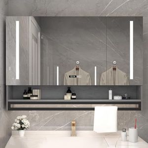 UkewEi Moderne slimme spiegelkast, medicijnkast met 3 kleuren dimbaar verlicht, anti-condens spiegel, klok temperdisplay, 40 inch wandgemonteerde opbergkast voor badkamer (kleur: A, maat: 60 cm)