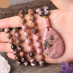 Natural Rhodonite Water Drop Pink Opal Nugget Pendant 8mm Jaspers Beads Knot Handmade Necklace Jewelry (Style : 32Inch(80cm)_Rhodonite)