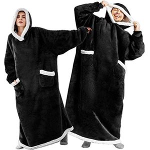 Extra lange hoodie deken sweatshirt, super warm en gezellig grote deken hoodie, draagbare dikke flanellen deken met mouwen en handige zakken voor vrouwen en mannen, Zwart, XXL/3XL