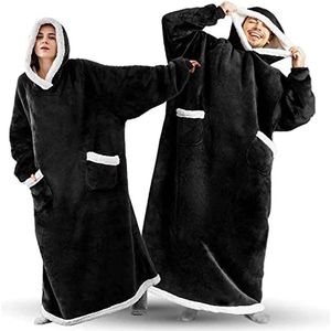 Extra lange hoodie deken sweatshirt, super warm en gezellig grote deken hoodie, draagbare dikke flanellen deken met mouwen en handige zakken voor vrouwen en mannen, Zwart, XXL/3XL