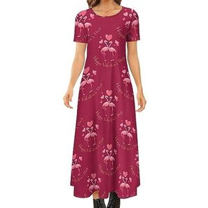 Valentines Leuke Flamingo vrouwen Zomer Casual Korte Mouw Maxi Jurk Ronde Hals Gedrukt Lange Jurken 7XL