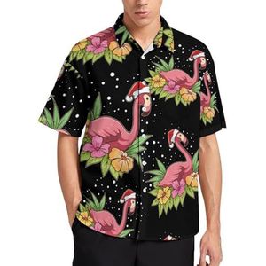 Leuke kerst flamingo zomer heren shirts casual korte mouw button down blouse strand top met zak M