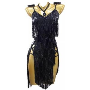 MLYYX Pailletten Kwastje Dancewear Rugloze Latijnse Jurk Bretels Jurk voor Salsa Rumba Cha Cha Dance Performance, Zwart, L