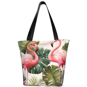 GeRRiT Bloemen Roze Dahlia Bloem gedrukt Casual Schoudertas Grote Capaciteit Tote Bag Boodschappentas, Flamingo Palmbomen Blad, Eén maat