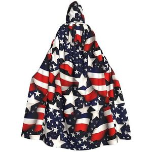 Amerikaanse vlag sterren strepen capuchon mantel voor mannen en vrouwen, volledige lengte Halloween maskerade cape kostuum, 185 cm