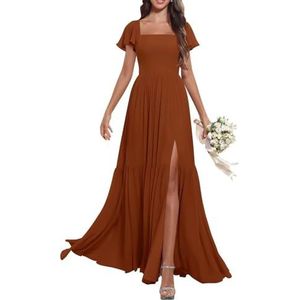 KURFACE Dames fladdermouwen V-hals chiffon bruidsmeisjesjurken met split geplooide lange avond formele feestjurk, Verbrand Oranje, 32