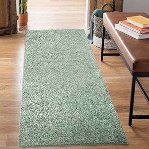 carpet city Shaggy hoogpolig tapijt - loper 80x300 cm - groen - langpolig gangtapijt - effen modern - pluizige zachte tapijten slaapkamer decoratie