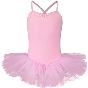 tanzmuster Balletjurk meisjes tutu - Kim - (92-170) zachte katoenen stof - glitterstenen - balletshirt voor kinderen met tule rok, 01, roze., 128/134 cm