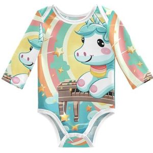 KAAVIYO Blauwe schattige eenhoorn babybody met lange mouwen, katoenen bodysuit voor neutrale pasgeborenen, 3-24 maanden, Patroon., 6 Maanden