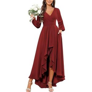 KURFACE Bruidsmeisjesjurken met lange mouwen voor vrouwen met zakken geplooide chiffon formele avondjurk feestjurk, Bordeaux, 32