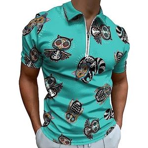 Mexicaanse uil kat schedels poloshirt voor mannen casual rits kraag T-shirts golf tops slim fit