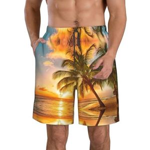 Kerst Decoratie Achtergrond Print Heren Zwembroek Trunks Mannen Sneldrogend Ademend Strand Surfen Zwembroek met Zakken, Zonsondergang Hawaiiaanse Palmboom, XL