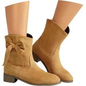 Grote Maat Enkellaarsjes for Dames Elegante Korte Laarzen Met Strikken Retro Suède Enkellaarsjes Instaplaarzen Met Lage Hak,casual Instapschoenen, 36-43EU(Brown,43 EU)