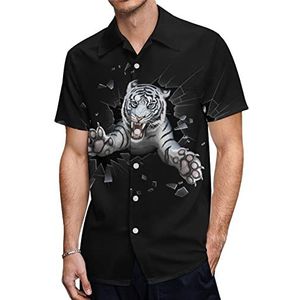 Witte tijger springen heren Hawaiiaanse shirts korte mouw casual shirt button down vakantie strand shirts S