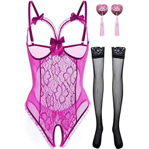 NLAND Dames babydoll eendelige pyjama strak ondergoed met kousen zachte en lichte kanten ondergoedset, roze, M