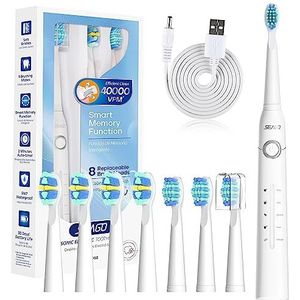 Seago Elektrische tandenborstel voor volwassenen, 5 poetsmodi, met 8 koppen, 40.000 VPM, reistandenborstel, USB opladen, 4 uur opladen voor 30 dagen, SG-958(Wit)