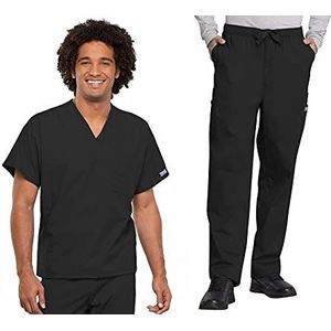 Cherokee Scrub Set voor mannen en vrouwen, traditionele pasvorm V-hals scrub top 4777 met natuurlijke stijging, elastische taille broek 4000, zwart-S Top/M korte broek